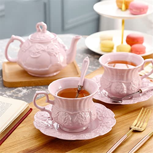 Elegant Pink Ceramic Tea Set Vintage Ceramic Tea Cup Pot English Floral Teapot Afternoon Tea Set (A As Shows)