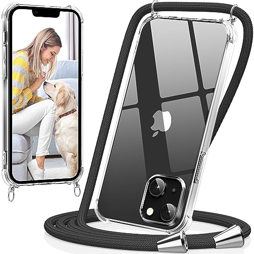 caslord Handykette kompatibel mit iPhone 13 6.1'', Necklace Hülle mit Bands Handyhülle für zum Umhängen, Transparent Case mit Handykordel, Schwarz