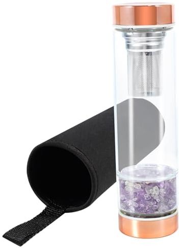 soulnioi Healing Crystal Glass Water Bottle, Natural Gravel Gemstone Crystal Water Bottle Healing Glass Bottles with Tea Strainer&Protective Cup Cover, for Spiritual Healing (Dream Amethyst)