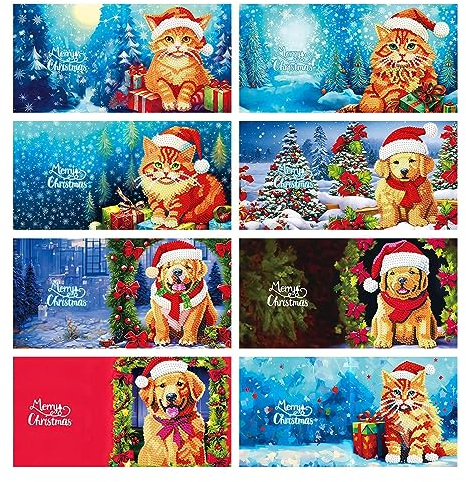 Aznever 5D Diamant Malerei Geburtstagskarten Kit, 8 Stücke Weihnachten Diamond Painting Set, Weihnachten Karten Diamant Painting Malerei Geschenkkarte Handgefertigte Grußkarten Handwerk Grußkarte