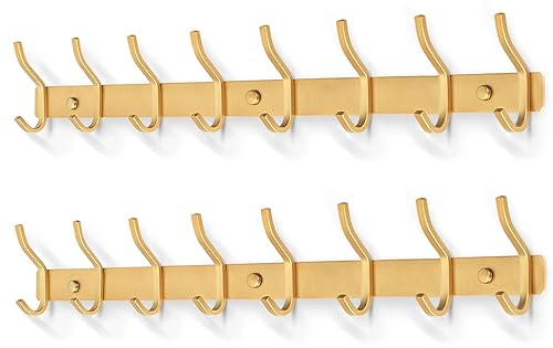 MEIJO Garderobenhaken Edelstahl, Hakenleiste Kleiderhaken Wand mit 8 Haken, Garderobe Garderobenleiste Wandgarderobe für Schlafzimmer Bad Küche (8 Haken 2 Stück, Golden)