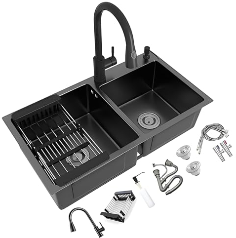 Fregaderos de cocina de doble tazón, fregadero de barra multifunción, fregadero empotrable, con grifo y accesorios, fácil de instalar (tamaño: 72 x 40 x 22 cm)
