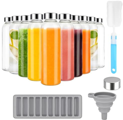 Zukro Bottiglie d'acqua in vetro con coperchio, 510 ml, confezione da 10 bottiglie riutilizzabili per succhi di frutta, con tappo ermetico in acciaio inox, per sprechi, trasparente, a prova di perdite