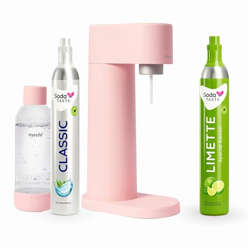 Sparpaket: Mysoda Woody - Wassersprudler aus erneuerbarem Holzkomposit mit 1L BPA-freier Plastikflasche, CO2-Zylinder Classic + CO2-Zylinder Limette (Rosa)