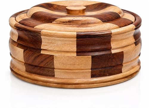 Handmade Wooden Tortilla & Roti Warmer with Lid, Food Safe, 9 Inch, Brown | Large tortilla holder keeps bread, waffles & pancakes warm, ventilated lid prevents moisture, durable, easy clean, gift idea