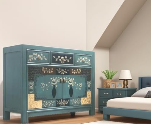 OPIUM OUTLET Meuble commode buffet chinois asiatique oriental vintage peint à la main livré entièrement assemblé en bois bleu