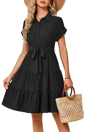 JASAMBAC Women Dresses Button Down Shirt Dress Casual Summer Dresses Collared Polo Neck Midi Dresse Ruffle Pleated A Line Elegant Dresses Flowy Dress with Pockets Black