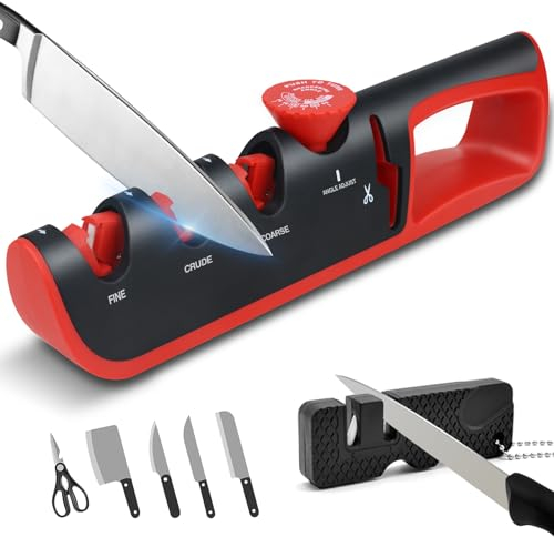 BOCHION Messerschärfer Profi, 4 in 1 Manuelle Messerschleifer mit Scherenschleifer, 6 Stufig Verstellbar Messer Schärfen mit Klein Messer Schärfer,für Restaurieren,Polieren,Küchenmesser Scheren (Rot)