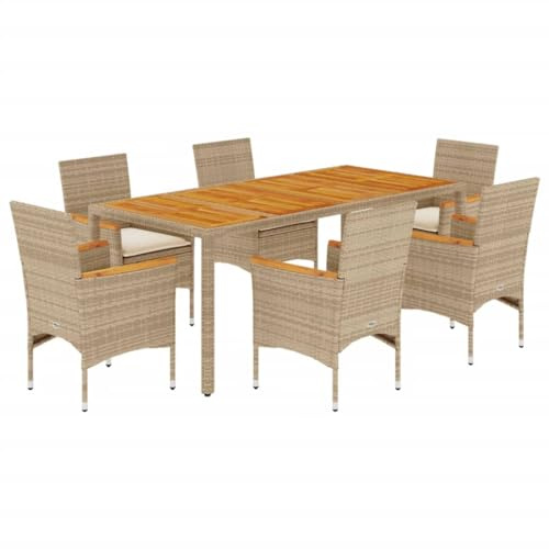 vidaXL Garten Essgruppe 7-TLG., Gartenmöbel Set mit Kissen, Gartengarnitur Tisch 6 Stühle, Lounge Sitzgruppe Sitzgarnitur, Beige Poly Rattan Akazie