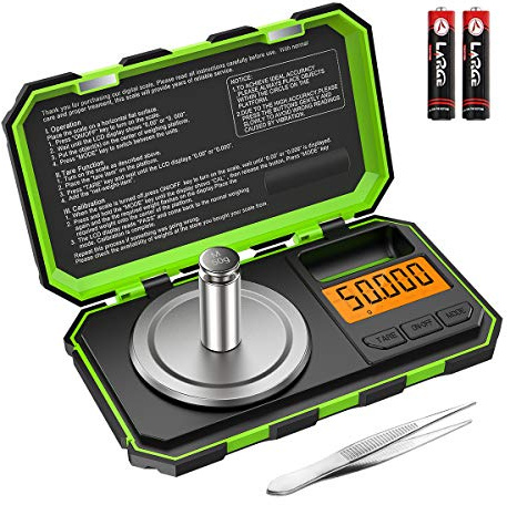 Ankilo Digital Feinwaage,Mini Taschenwaage,50g/0,001g Milligramm Waage,Küchenwaagen mit 50g Kalibriergewichte & Pinzetten, Tara Funktion, für Experimenten, Schmuck Grün