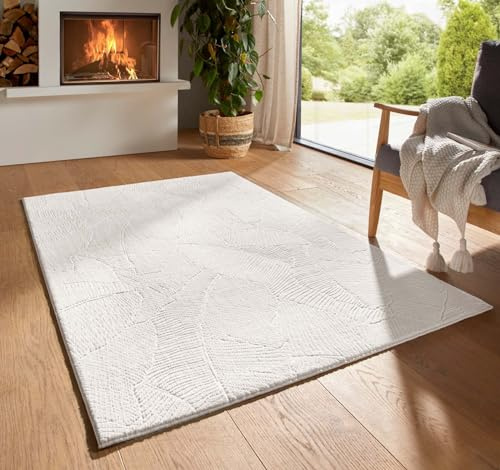 Taracarpet Kurzflor Boho Skandi Polyester Teppich in 3D Optik waschbar, pflegeleicht und robust ideal fürs Wohnzimmer, Schlafzimmer und Kinderzimmer auch als Badematte Creme Blätter 050x080 cm