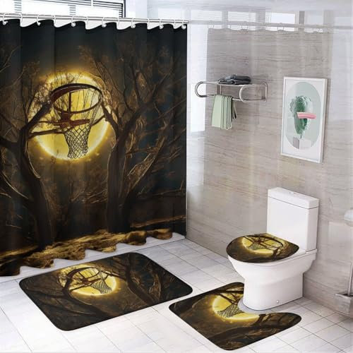 LMNGH Duschvorhang-Set, Mond auf Basketballkorb, Badezimmer, 4-teiliges Set mit rutschfesten Teppichen, WC-Deckelbezug und Badematte, wasserdichtes Badzubehör für Badezimmer, Dekor-Set, 183 x 183 cm