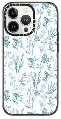 CASETiFY Compact iPhone 13 Pro Case [2X Military Grade Drop Tested / 4ft Drop Protection] - Elegant pastel blue vintage butterfly floral - Clear Black