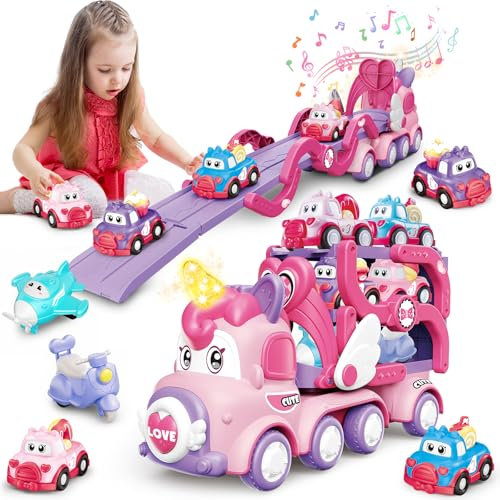TERRAMUS Jouet de voiture de dessin animé pour enfants, 7 en 1, camion de transport, jouet de voiture avec lumière et musique, transporteur de camion, cadeau d'anniversaire pour fille de 3, 4, 5, 6