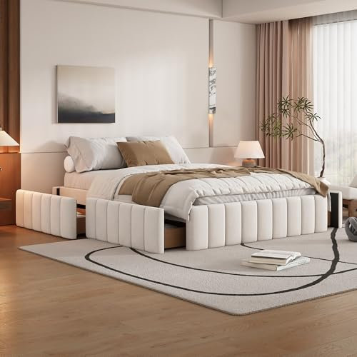 Polsterbett Doppelbett 140x200 cm, minimalistisches Bett mit 4 Stauraum Schubladen und Lattenrost, Stauraumbett Jugendbett Bettgestell Designbett Bettrahmen Familienbett, Samt, Ohne Matratze, Beige