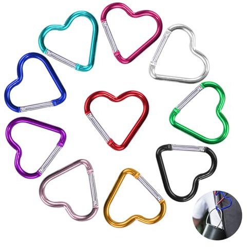 10 Pièces Mousquetons Cœur Set, Petit Mousqueton Porte Clés en Alliage d'Aluminium Coloré, Mousqueton Cœur pour Camping en Plein Air, Voyage, Marche et Pêche