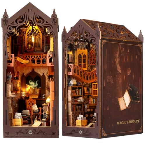 DIY Book Nook Kit, DIY Miniatur Puppenhaus Booknook Kit mit Sensorlicht und Möbeln, 3D Puzzle Holz Buchstütze, Modellbausätze für Erwachsene zum Bauen (Magische Bibliothek)