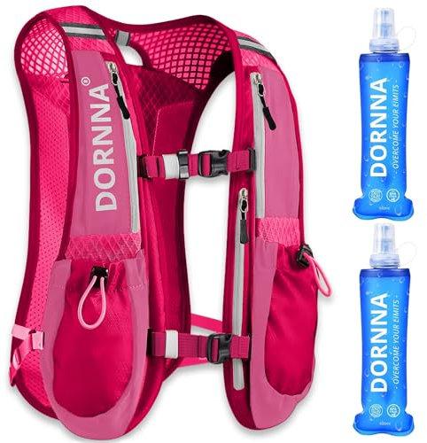 DORNNA - Sac Trail + 2 PCS Gourde Souple 500 ML sans BPA, Sac Hydratation Running Homme e Femme, Gilet Hydratation Taille Unique. (Rose + 2 Gourde Souple 500ml)