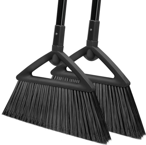 2PCS Heavy Duty Broom, Brooms for Sweeeping Indoor, Angle Broom with Long Pole, Outdoor Broom for Courtyard Garages Slidewalk, Indoor Broom for Kitchen Lobby Canteen, Black (2Black)