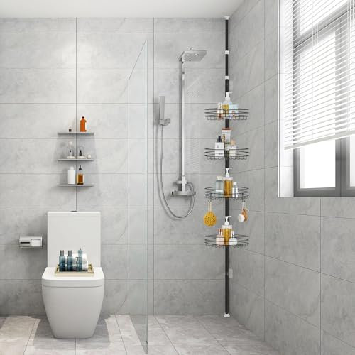 ALFKET Étagère Douche Telescopique, Etagere Salle de Bain d'Angle Sans Perçage pour Métal avec 4 Paniers de Rangement Douche, Réglable en Hauteur 85-325cm, Noir