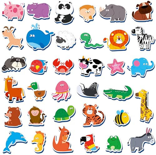 35 Imanes de Animales, Adorables Animales Magnéticos - Animales Salvajes, Animales de Granja y Animales Marinos - Imanes de Espuma Gruesa para Refrigerador, Lindos Juguetes Educativos de Aprendizaje