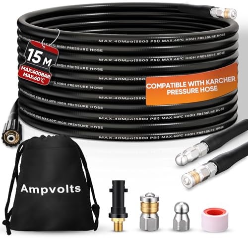 Ampvolts 15m sonda sturatubi per idropulitrice - 400 Bar/5800 PSI, Sonda Spurgatubi Compatibile con karcher K2 K3 K4 K5 K6 K7 - Per una Pulizia Facile di Tubi e Lavandini Intasati