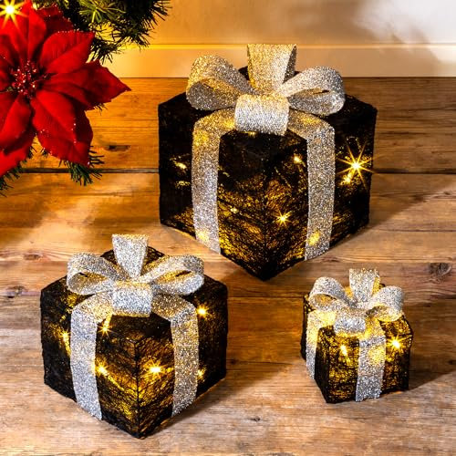 LED Geschenkboxen mit Timer 3er Set - Farbe - Weihnachts Dekoboxen warm weiß beleuchtet - Weihnachten Advent Winter Christbaum Deko Beleuchtung Batterie betrieben (schwarz)