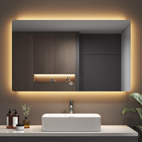 EMKE Badspiegel mit Beleuchtung 60x100 cm, Badezimmerspiegel mit 3 dimmbaren Lichtfarben, Touch, 3-Stunden-Abschaltung