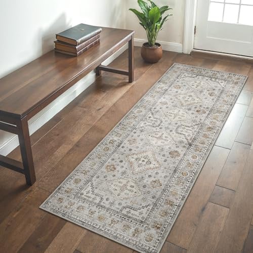 GENIMO Washable Runner Rug 60x120cm – Non Slip Thin Carpet with Vintage Floral Print for Bedroom and Hallway – Beige