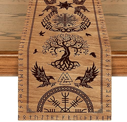 Artoid Mode Holz Wikinger Baum des Lebens Rabe Helm der Ehrfurcht Tischläufer, Saisonnal Tisch Dekoration Drinnen Urlaub Party Dekor 40x100 cm