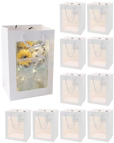 Leisofter Geschenktasche mit Fenster Transparente Bouquet-Geschenktaschen mit Griff Graduierung Papiertüten Papier Tote Blumentüten für Muttertag Graduierung Hochzeit, 10Pcs