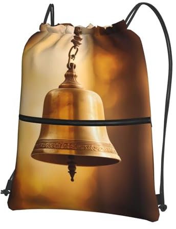 Wzywhj Rucksack mit Glocke aus Kupfer oder Bronze, mit Kordelzug, Reißverschluss, für Wandern, Camping, Yoga, praktisch für den täglichen Gebrauch, Schwarz, Einheitsgröße