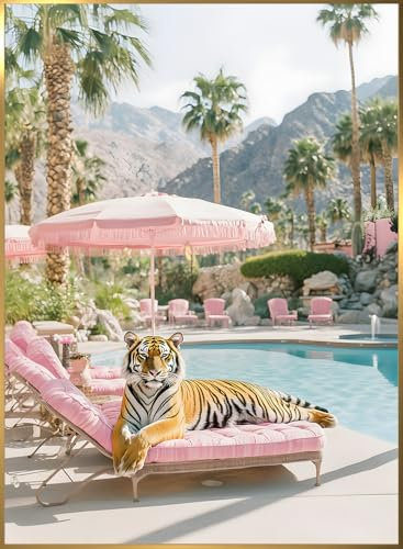 STYLER Bild Sunbath 50x70 cm (AUFHÄNGFERTIG) mit hochwertigem goldenen Rahmen – Tiger am Pool mit Palmen – Exklusives Wandbild Modern Dekorativ Hochwertig