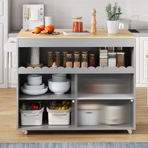 Huayz Carrito isla de cocina 122 x 46 (69) x 91 cm, encimera de chapa de roble, puertas correderas de vidrio templado, estantes ajustables, carritos grandes