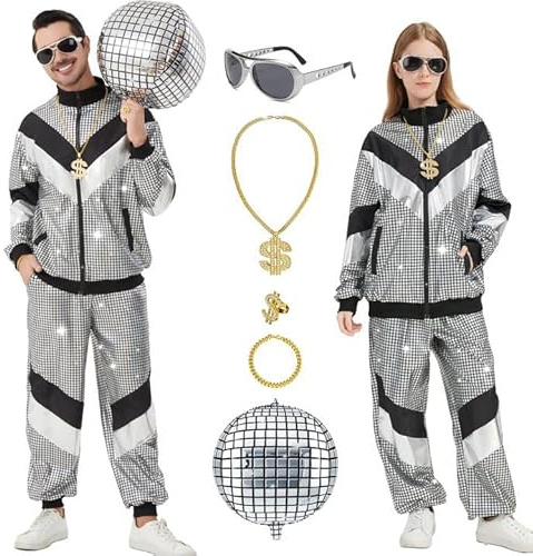 Ezuwail 80er Jahre Outfit Damen Herren - Disco-Outfit Jogginganzug Trainingsanzug Kostüm für Halloween Karneval Retro Kleidung