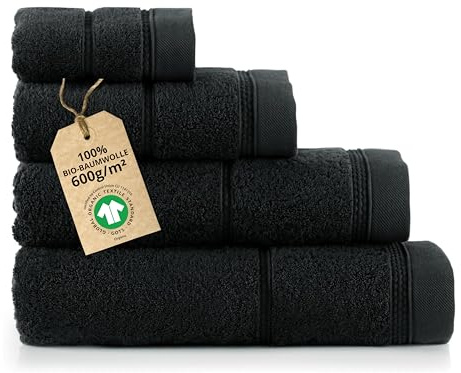 ZWOLTEX - Premium Handtücher Set Schwarz [ 650 g/m²], 100% Bio Baumwolle GOTS Zertifizert, ÖKO-TEX, 4er Set (30x50, 50x100, 70x140, 100x150 cm), Ultra Weich & Saugfähig - Queen Collection