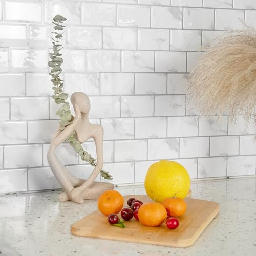 10 Sheets Marble Effect Tile Stickers, Peel and Stick on Tiles for Kitchen Bathroom, Vinyl Wall Self Adhesive Tile Decals Covers Waterproof (White)