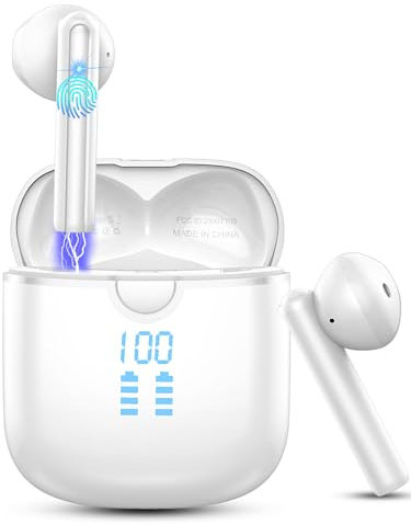 Wireless Earbuds, Bluetooth 5.4 Headphones with 4 ENC Noise Cancelling Microphone, Ear buds with HiFi Stereo Deep Bass, Bluetooth Earphones 40H Playtime LED Display, IP7 Waterproof, Pure white