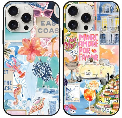 Phoona 2 Pack Cute Case for iPhone 15 Pro Max 6.7, European Collage Preppy Summer Girly Design Pattern for Girls Women, Slim Soft Silicone Shockproof Bumper Protector Cover, Blue 03