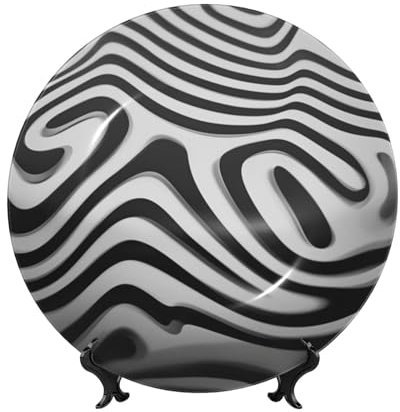 Assiettes décoratives à rayures zébrées – Assiettes en porcelaine anglaise avec présentoir et crochet – Tenture murale et décoration de table