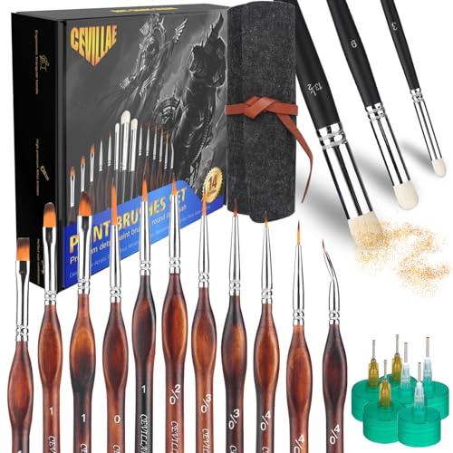 Model Paint Brushes Set, 11 Premium Miniature Paint Brushes, 3 Model Dry Brushes, Miniature Brush Set for Warhammer 40k, Citadel, Acrylic, Watercolour, Model, Miniature Model, Paint by Number