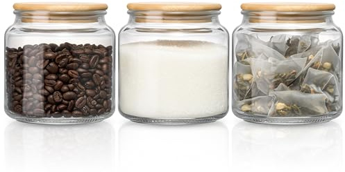 Danmu Art 500ml Glass Tea Coffee Sugar Canisters Set with Bamboo Lids,3Pack | Airtight Storage Jars for Kitchen, Pantry & Coffee Station – Perfect for Cereal, Candy, Snacks, Nuts, Spice, Beans, Dry Food