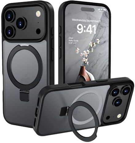 HGH Hülle für iPhone 17 Pro 6,3 Zoll mit Ständer für MagSafe, Hülle mit Ring Ständer,Transluzente Matt Rückseite Dünn Stoßfest Handyhülle für iPhone 17 Pro (Schwarz)