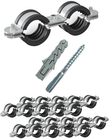 10 Stück Doppel Rohrschelle 3/4” 26-29mm | Rohrschellen Set | Schraubrohrschelle | mit Dübel | Stockschraube M8 | Stahl verzinkt mit Gummidichtung | Rohrhalterung | Rohrhalter | Doppelrohrschellen