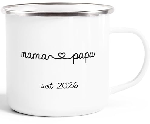SpecialMe® Emaille-Tasse Becher Aufdruck mama & papa Geschenk Eltern individualisierbar Geburtsgeschenk 2026 Jahreszahl Weiss Emailletasse