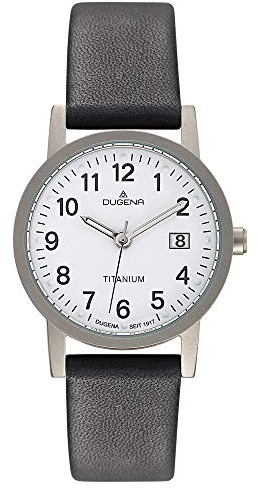 Dugena Novum Unisex-Armbanduhr, Titangehäuse, Mineralglas, Lederarmband, Dornschließe, 5 bar, Größe:34 mm (mittel)