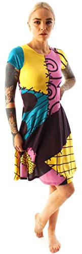 Disney Nightmare Before Christmas Sally | Women's Multicoloured Short Sleeve Costume Dress | Halloween Party Outfit | Cosplay Dress | Themed Apparel for Fans Merch