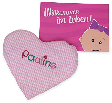 Rosa Baby Geschenkset 2-teilig mit Namen, aus Wärmekissen und Geschenkkarte Geschenk zur Geburt, Taufgeschenke für Mädchen