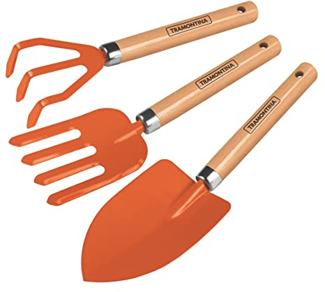 Tramontina 3-teiliges Gartenwerkzeug-Set mit speziellem Karbonstahl und Holzgriff inklusive Gartenkelle + 3 Zähne Kultivator + 4 Zähne Gartengabel