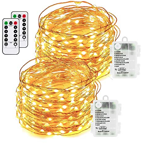 Led Fairy Lights 100 LEDs 8 Modes with Remote & Timmer Decorative Fairy Battery Powered String Lights, Copper Wire Light for Bedroom,Wedding(33ft/10m Warm White 2PACK)